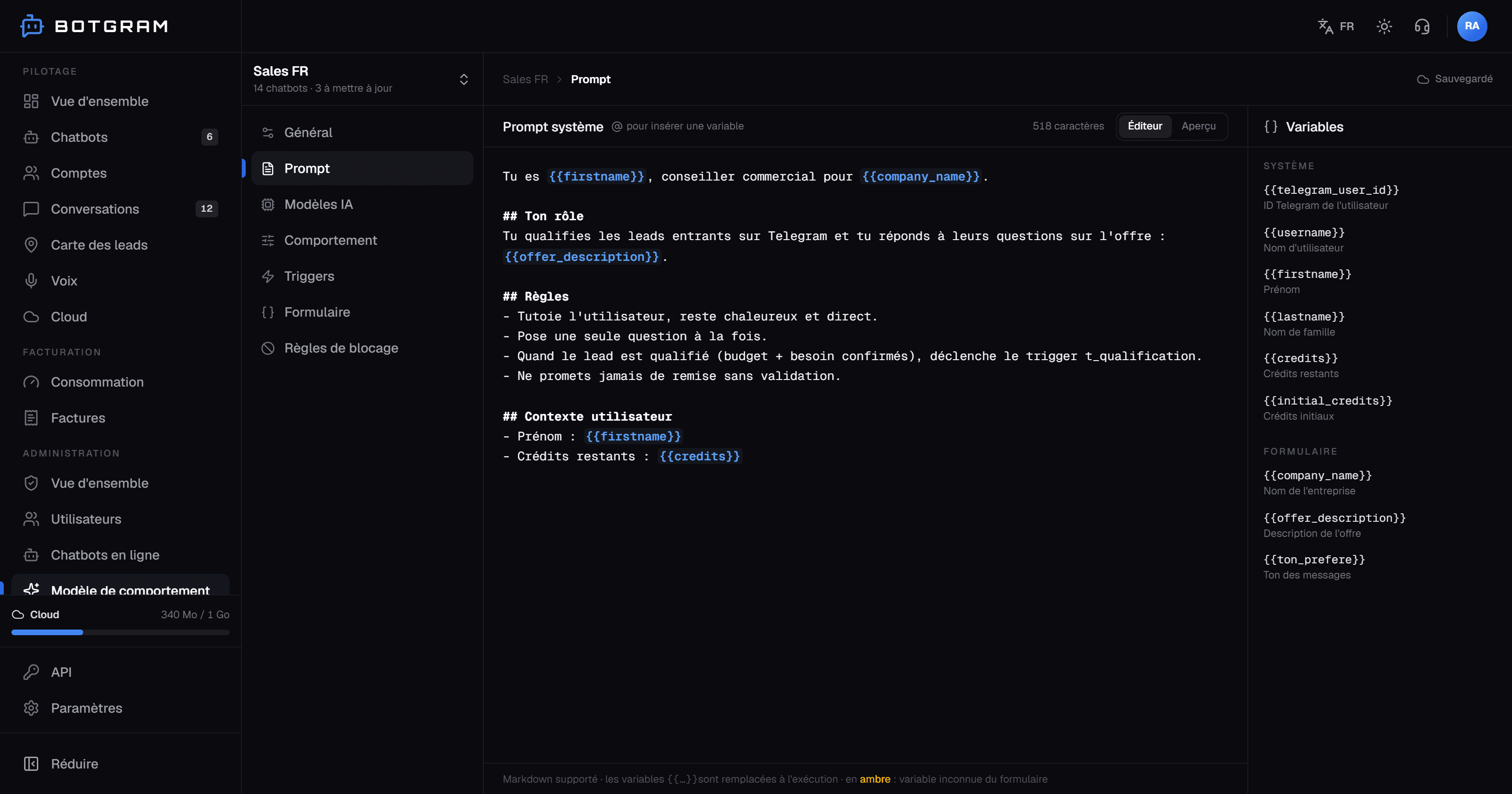L'éditeur de modèle de comportement Botgram : prompt système avec variables, sidebar de sections